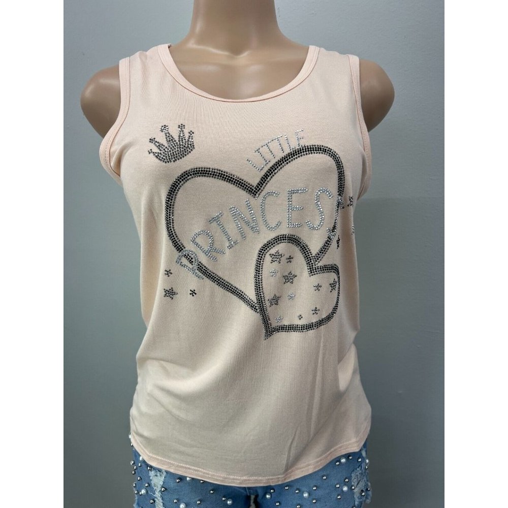 WOMEN Tank Top Shirt Sleeveless Yoga Top Rhinestone Little Princess Beige S/M